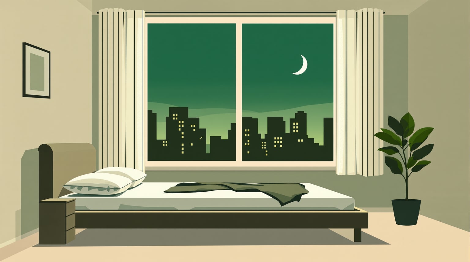 A wide quiet city apartment bedroom in late evening, a low bed with two pillows and a folded blanket, a tall window show