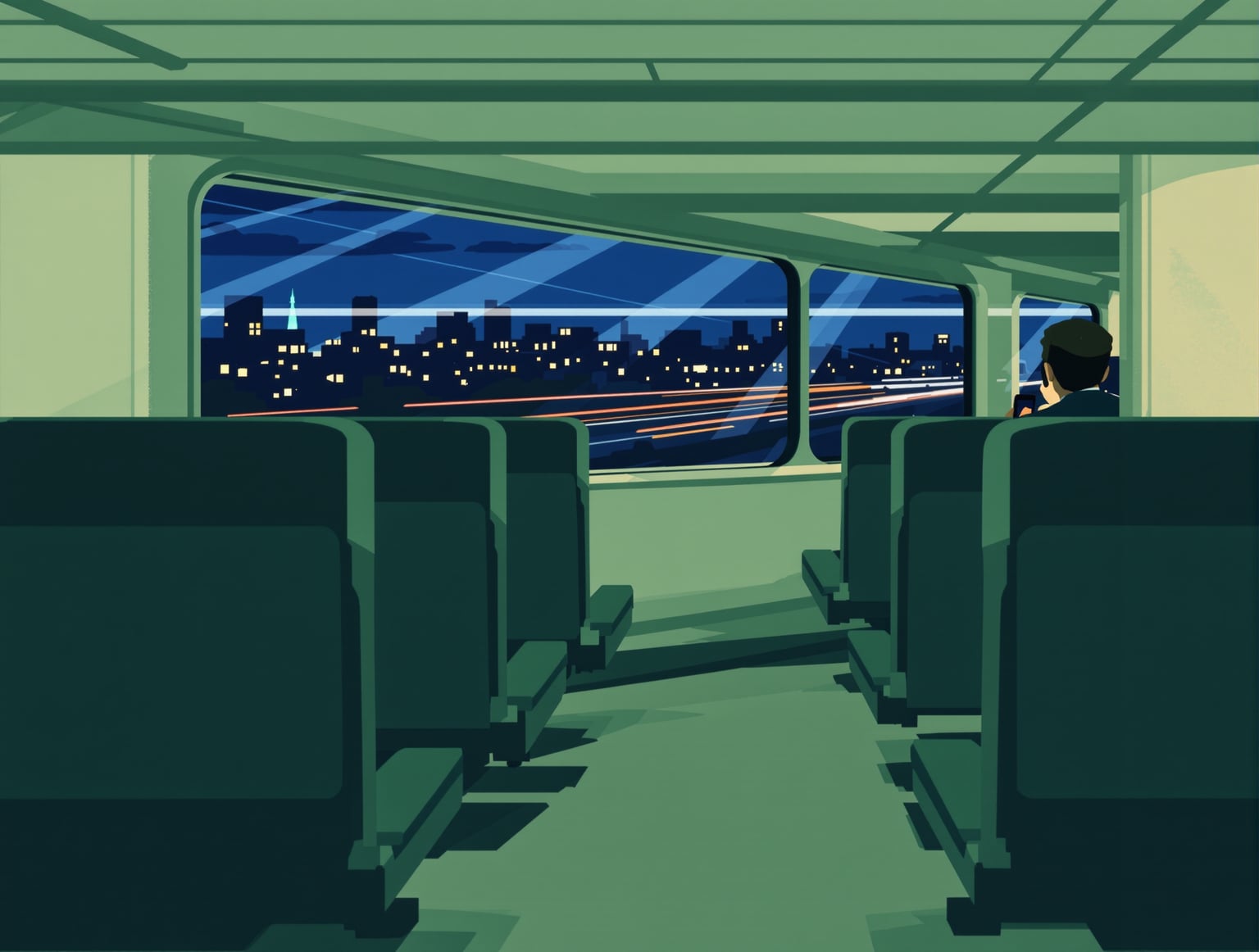 A nearly empty commuter train carriage in early evening, rows of seats and a wide window with passing city lights, one s
