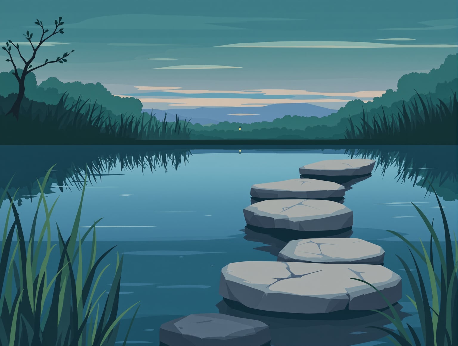 Five flat stepping stones crossing a still garden pond at dusk, reeds at the edges and the soft glow of a low stone lant